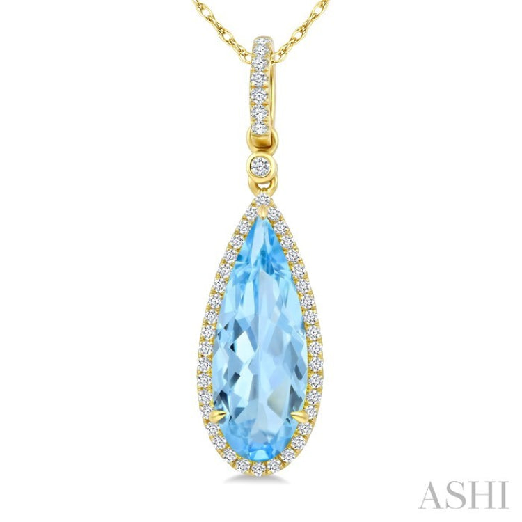 16X6 MM Pear Shape Blue Topaz and 1/5 Ctw Round Cut Diamond Semi-Precious Pendant With Chain in 10K Yellow Gold