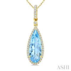 16X6 MM Pear Shape Blue Topaz and 1/5 Ctw Round Cut Diamond Semi-Precious Pendant With Chain in 10K Yellow Gold