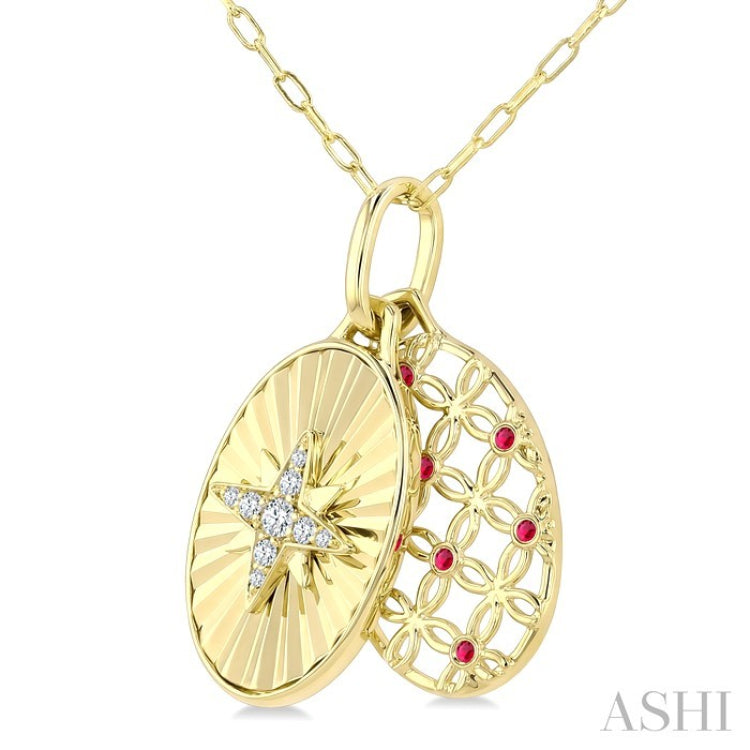 1 MM Round Cut Ruby and 1/20 Ctw Round Cut Diamond Fluted Star Shaped Precious Pendant with Chain in 10K Yellow Gold