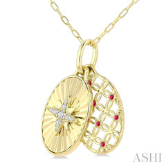 1 MM Round Cut Ruby and 1/20 Ctw Round Cut Diamond Fluted Star Shaped Precious Pendant with Chain in 10K Yellow Gold