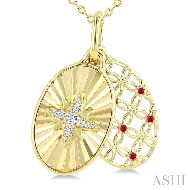 1 MM Round Cut Ruby and 1/20 Ctw Round Cut Diamond Fluted Star Shaped Precious Pendant with Chain in 10K Yellow Gold