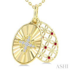 1 MM Round Cut Ruby and 1/20 Ctw Round Cut Diamond Fluted Star Shaped Precious Pendant with Chain in 10K Yellow Gold