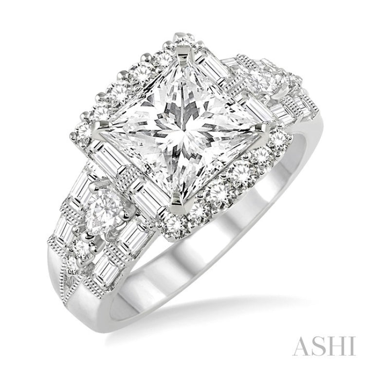 1 1/6 Ctw Princess Shape Pear, Baguette and Round Cut Diamond Semi-Mount Engagement Ring in 14K White Gold
