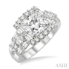 1 1/6 Ctw Princess Shape Pear, Baguette and Round Cut Diamond Semi-Mount Engagement Ring in 14K White Gold