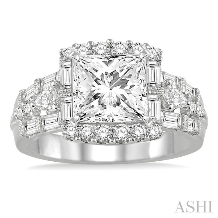 1 1/6 Ctw Princess Shape Pear, Baguette and Round Cut Diamond Semi-Mount Engagement Ring in 14K White Gold