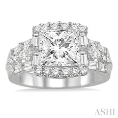 1 1/6 Ctw Princess Shape Pear, Baguette and Round Cut Diamond Semi-Mount Engagement Ring in 14K White Gold