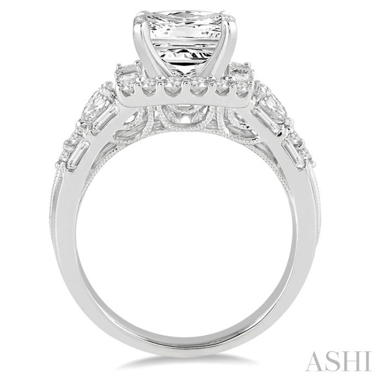 1 1/6 Ctw Princess Shape Pear, Baguette and Round Cut Diamond Semi-Mount Engagement Ring in 14K White Gold
