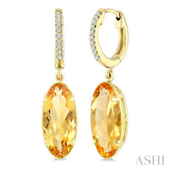 14X6 MM Oval Shape Citrine and 1/10 Ctw Round Cut Diamond Semi-Precious Earrings in 14K Yellow Gold