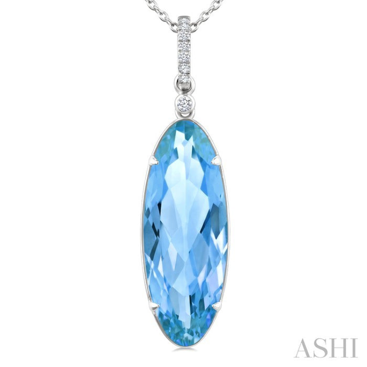 22X8 MM Oval Shape Blue Topaz and 1/20 Ctw Round Cut Diamond Semi-Precious Pendant With Chain in 14K White Gold
