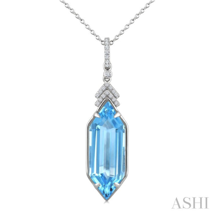 22X8 MM Hexagon Shape Blue Topaz and 1/10 Ctw Round Cut Diamond Semi-Precious Pendant With Chain in 14K White Gold