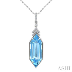 22X8 MM Hexagon Shape Blue Topaz and 1/10 Ctw Round Cut Diamond Semi-Precious Pendant With Chain in 14K White Gold