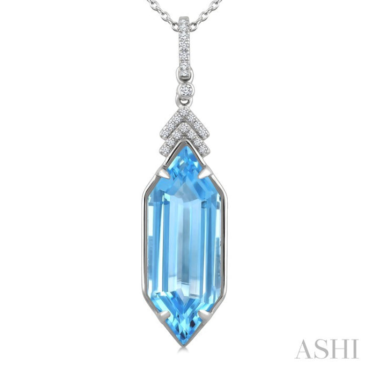 22X8 MM Hexagon Shape Blue Topaz and 1/10 Ctw Round Cut Diamond Semi-Precious Pendant With Chain in 14K White Gold