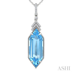 22X8 MM Hexagon Shape Blue Topaz and 1/10 Ctw Round Cut Diamond Semi-Precious Pendant With Chain in 14K White Gold