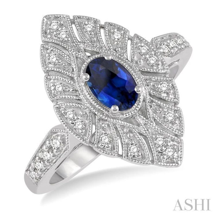 6x4 MM Lattice Marquise Shape Oval Cut Sapphire and 1/5 Ctw Round Cut Diamond Precious Ring in 10K White Gold