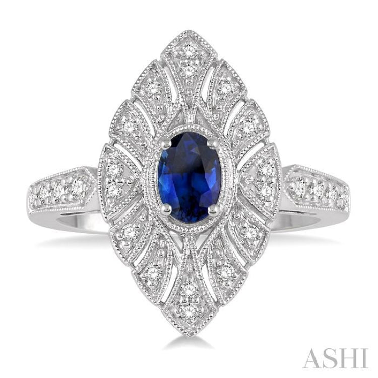 6x4 MM Lattice Marquise Shape Oval Cut Sapphire and 1/5 Ctw Round Cut Diamond Precious Ring in 10K White Gold