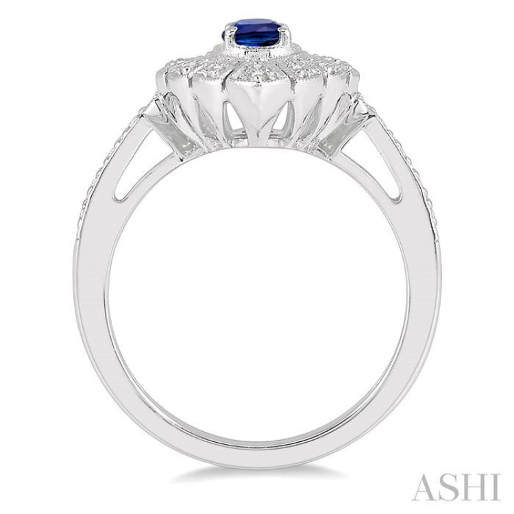 6x4 MM Lattice Marquise Shape Oval Cut Sapphire and 1/5 Ctw Round Cut Diamond Precious Ring in 10K White Gold