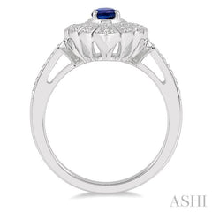 6x4 MM Lattice Marquise Shape Oval Cut Sapphire and 1/5 Ctw Round Cut Diamond Precious Ring in 10K White Gold