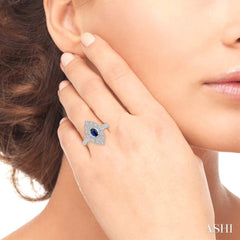 6x4 MM Lattice Marquise Shape Oval Cut Sapphire and 1/5 Ctw Round Cut Diamond Precious Ring in 10K White Gold