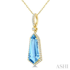 16X7 MM Shield Shape Blue Topaz and 1/5 Ctw Round Cut Diamond Semi-Precious Pendant With Chain in 10K Yellow Gold