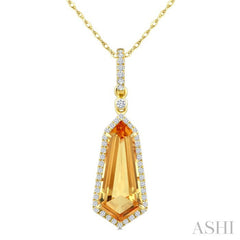 16X7 MM Shield Shape Citrine and 1/5 Ctw Round Cut Diamond Semi-Precious Pendant With Chain in 10K Yellow Gold