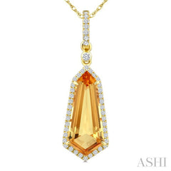 16X7 MM Shield Shape Citrine and 1/5 Ctw Round Cut Diamond Semi-Precious Pendant With Chain in 10K Yellow Gold