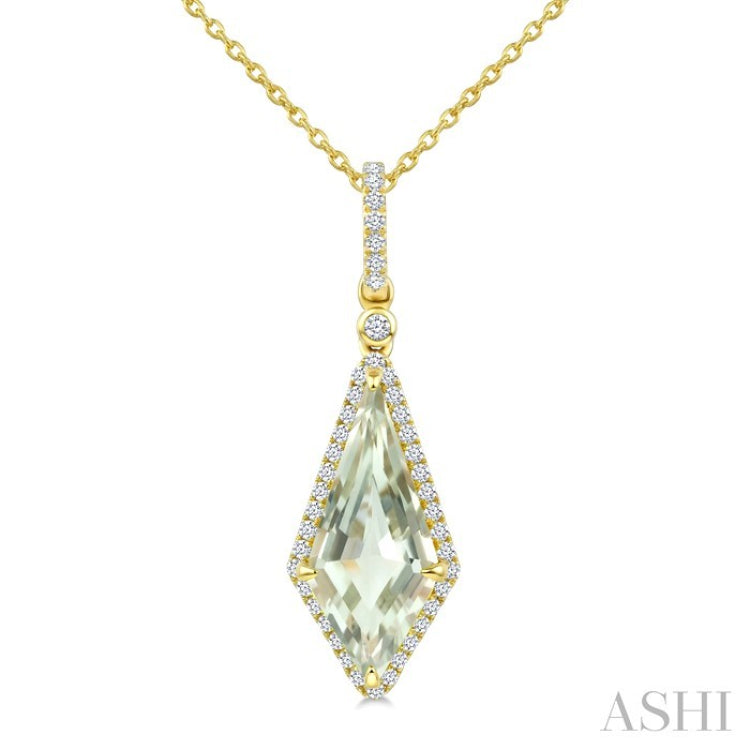 16X7 MM Kite Shape Green Amethyst and 1/5 Ctw Round Cut Diamond Semi-Precious Pendant With Chain in 10K Yellow Gold