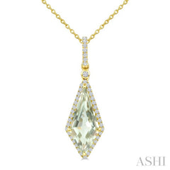 16X7 MM Kite Shape Green Amethyst and 1/5 Ctw Round Cut Diamond Semi-Precious Pendant With Chain in 10K Yellow Gold