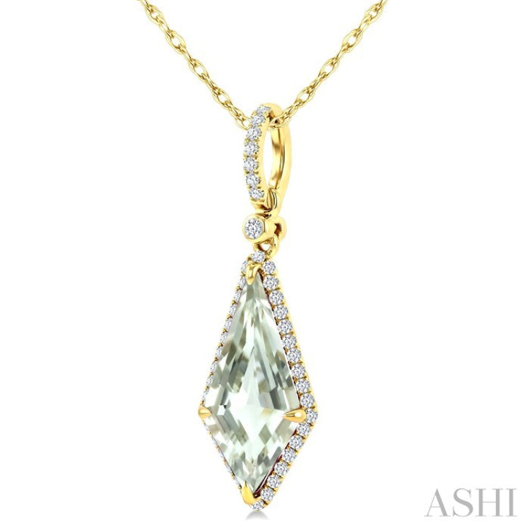 16X7 MM Kite Shape Green Amethyst and 1/5 Ctw Round Cut Diamond Semi-Precious Pendant With Chain in 10K Yellow Gold