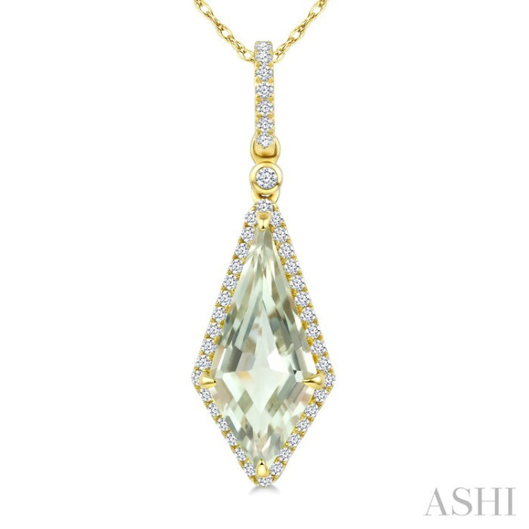 16X7 MM Kite Shape Green Amethyst and 1/5 Ctw Round Cut Diamond Semi-Precious Pendant With Chain in 10K Yellow Gold