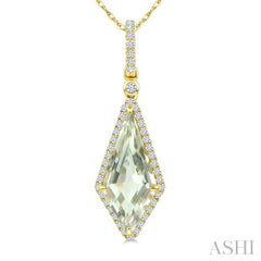 16X7 MM Kite Shape Green Amethyst and 1/5 Ctw Round Cut Diamond Semi-Precious Pendant With Chain in 10K Yellow Gold