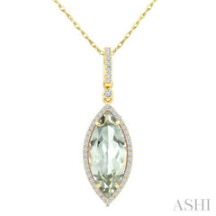 16X7 MM Marquise Shape Green Amethyst and 1/5 Ctw Round Cut Diamond Semi-Precious Pendant With Chain in 10K Yellow Gold