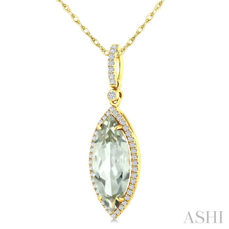 16X7 MM Marquise Shape Green Amethyst and 1/5 Ctw Round Cut Diamond Semi-Precious Pendant With Chain in 10K Yellow Gold
