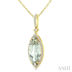 16X7 MM Marquise Shape Green Amethyst and 1/5 Ctw Round Cut Diamond Semi-Precious Pendant With Chain in 10K Yellow Gold