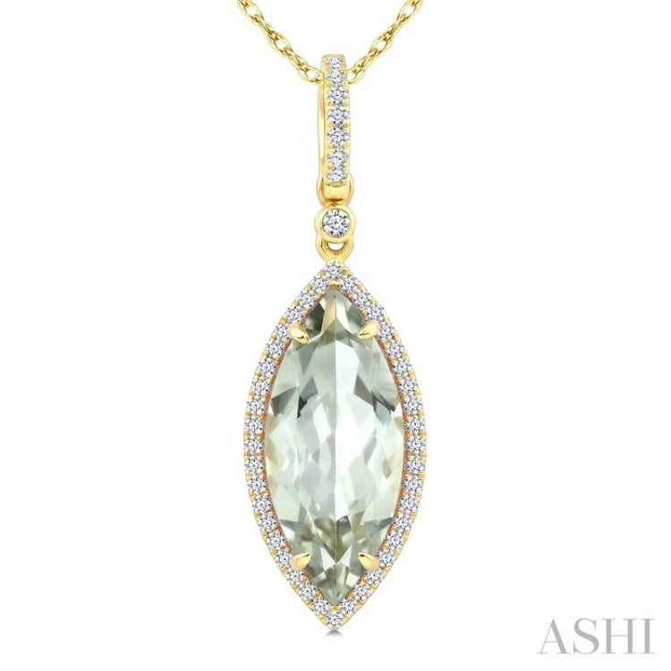 16X7 MM Marquise Shape Green Amethyst and 1/5 Ctw Round Cut Diamond Semi-Precious Pendant With Chain in 10K Yellow Gold