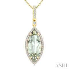 16X7 MM Marquise Shape Green Amethyst and 1/5 Ctw Round Cut Diamond Semi-Precious Pendant With Chain in 10K Yellow Gold