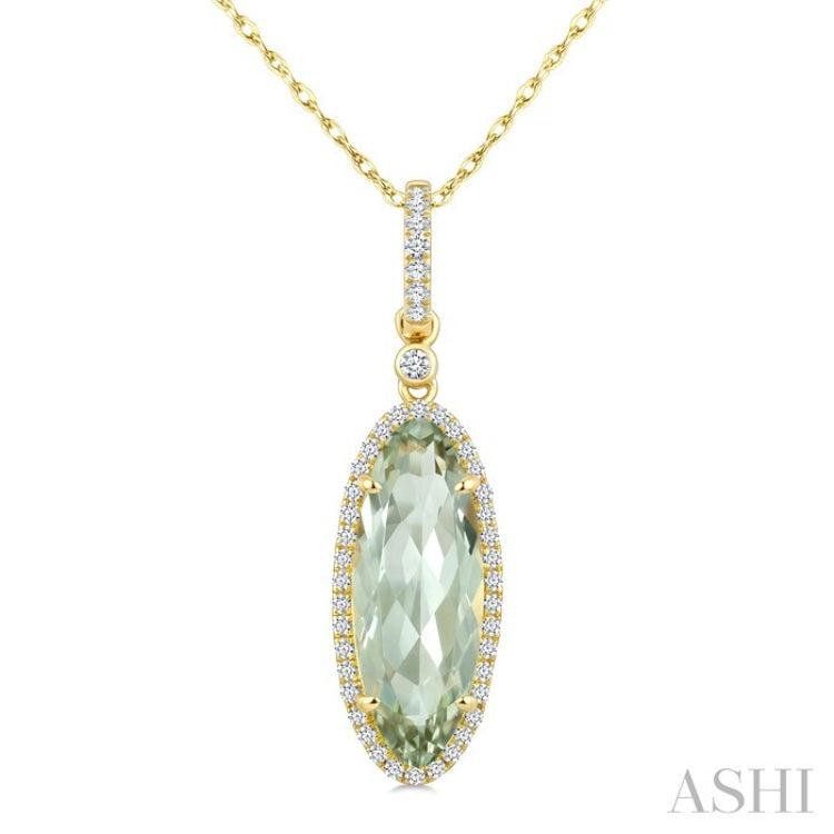 16X6 MM Oval Shape Green Amethyst and 1/5 Ctw Round Cut Diamond Semi-Precious Pendant With Chain in 10K Yellow Gold