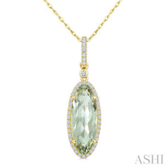 16X6 MM Oval Shape Green Amethyst and 1/5 Ctw Round Cut Diamond Semi-Precious Pendant With Chain in 10K Yellow Gold