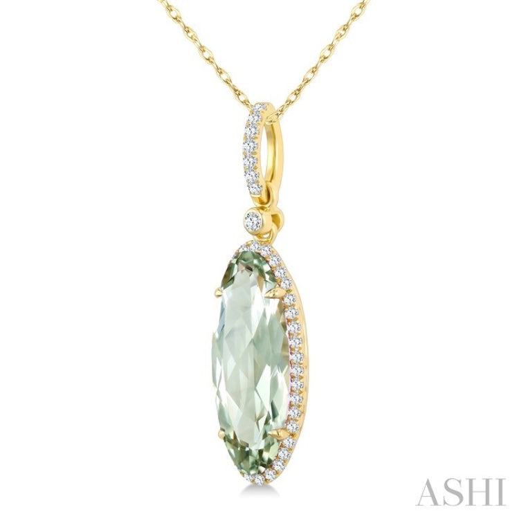 16X6 MM Oval Shape Green Amethyst and 1/5 Ctw Round Cut Diamond Semi-Precious Pendant With Chain in 10K Yellow Gold