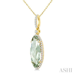 16X6 MM Oval Shape Green Amethyst and 1/5 Ctw Round Cut Diamond Semi-Precious Pendant With Chain in 10K Yellow Gold