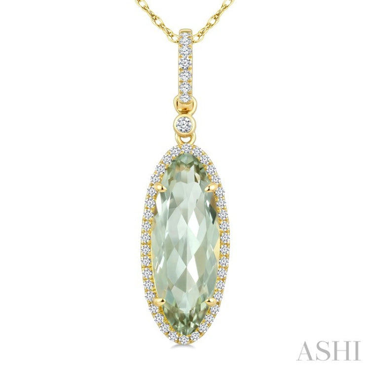 16X6 MM Oval Shape Green Amethyst and 1/5 Ctw Round Cut Diamond Semi-Precious Pendant With Chain in 10K Yellow Gold