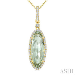 16X6 MM Oval Shape Green Amethyst and 1/5 Ctw Round Cut Diamond Semi-Precious Pendant With Chain in 10K Yellow Gold