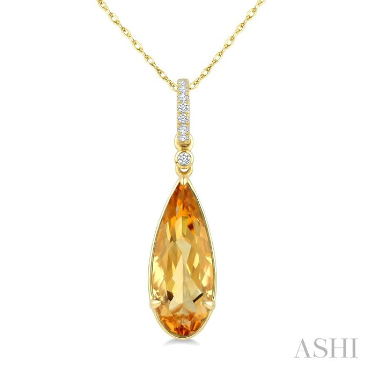 16X6 MM Pear Shape Citrine and 1/20 Ctw Round Cut Diamond Semi-Precious Pendant With Chain in 10K Yellow Gold