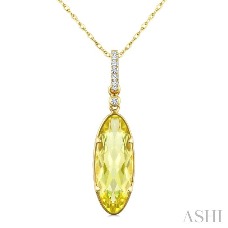 16X6 MM Oval Shape Lemon Quartz and 1/20 Ctw Round Cut Diamond Semi-Precious Pendant With Chain in 10K Yellow Gold