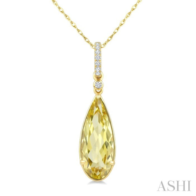 16X6 MM Pear Shape Lemon Quartz and 1/20 Ctw Round Cut Diamond Semi-Precious Pendant With Chain in 10K Yellow Gold