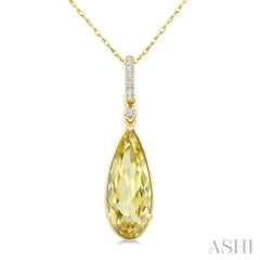 16X6 MM Pear Shape Lemon Quartz and 1/20 Ctw Round Cut Diamond Semi-Precious Pendant With Chain in 10K Yellow Gold