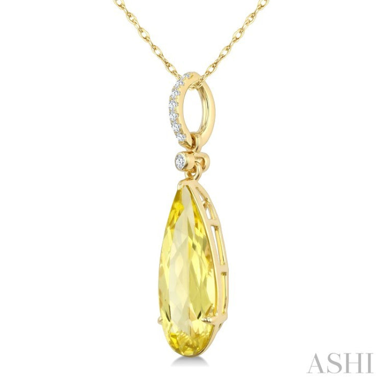 16X6 MM Pear Shape Lemon Quartz and 1/20 Ctw Round Cut Diamond Semi-Precious Pendant With Chain in 10K Yellow Gold
