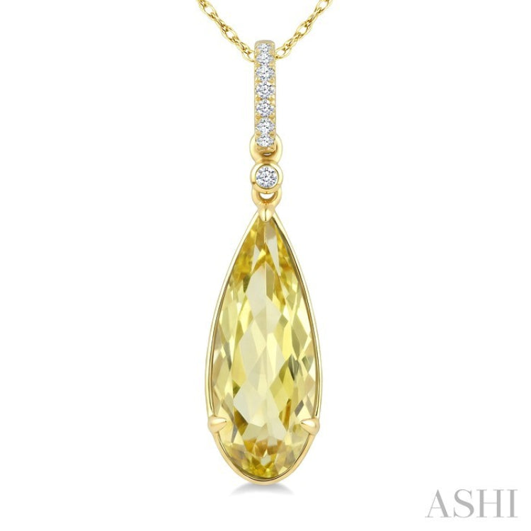 16X6 MM Pear Shape Lemon Quartz and 1/20 Ctw Round Cut Diamond Semi-Precious Pendant With Chain in 10K Yellow Gold