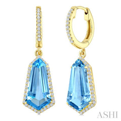 14X7 MM Shield Shape Blue Topaz and 3/8 Ctw Round Cut Diamond Semi-Precious Earrings in 14K Yellow Gold