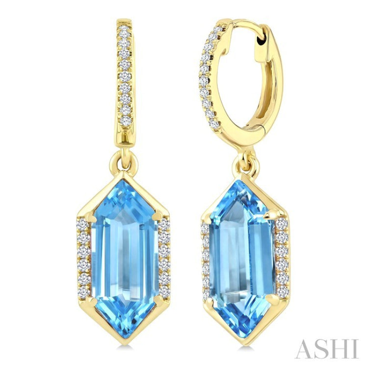 12X5 MM Hexagon Shape Blue Topaz and 1/5 Ctw Round Cut Diamond Semi-Precious Earrings in 10K Yellow Gold
