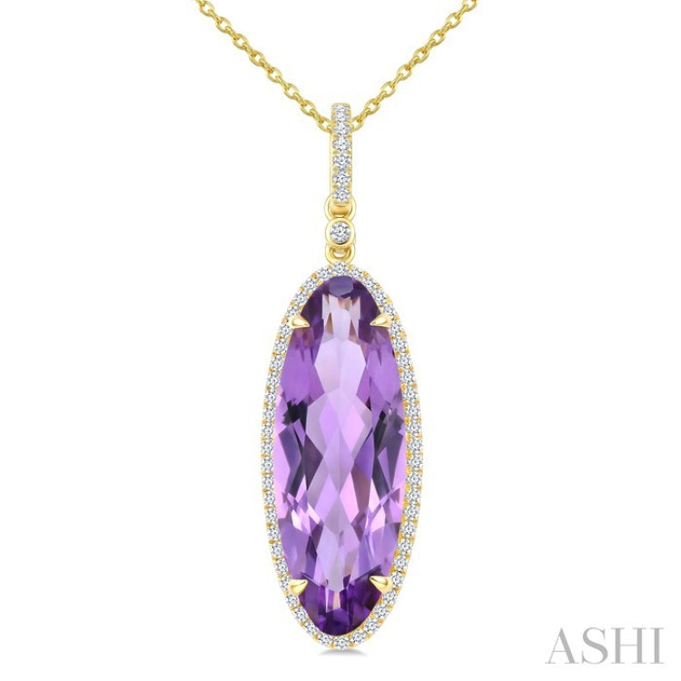 22X8 MM Oval Shape Amethyst and 1/4 Ctw Round Cut Diamond Semi-Precious Pendant With Chain in 14K Yellow Gold